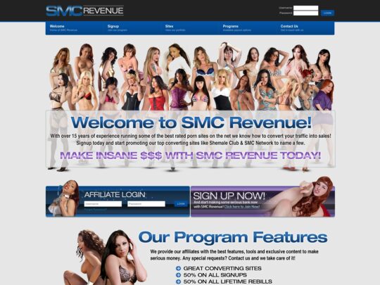 SMC Revenue an affiliate program, with tons of transgender pay sites and official trans pornstar sites to promote and earn on initial sales and every rebill
